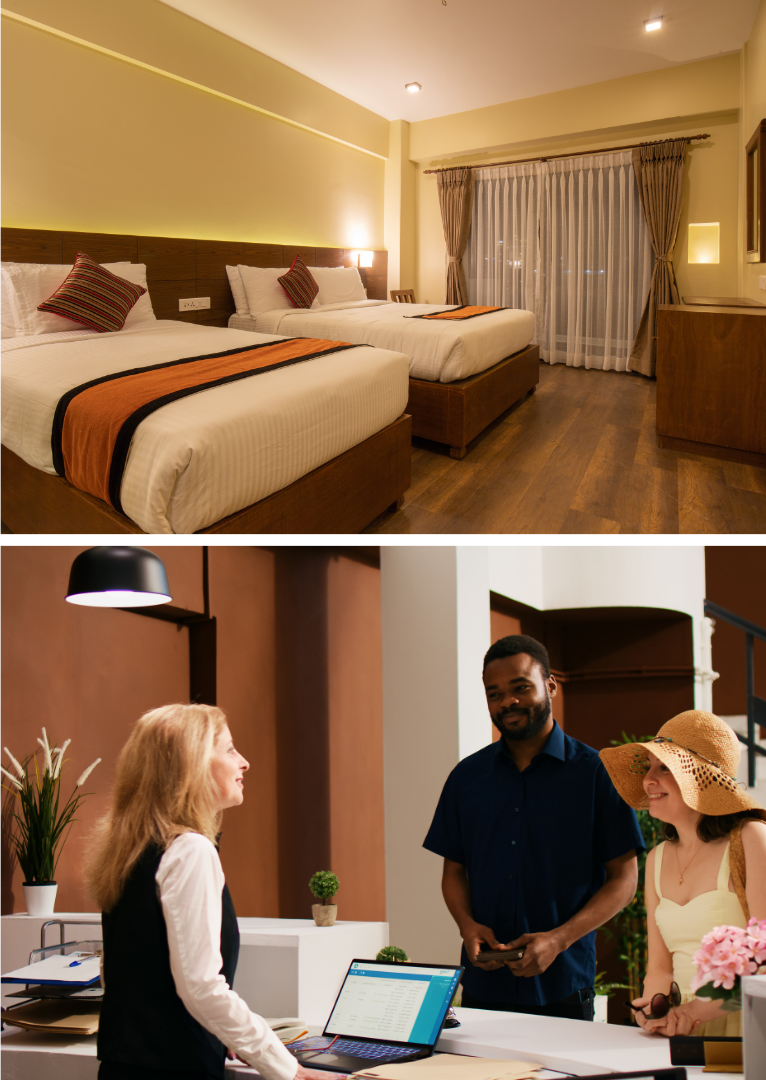 Hotel reception with customer and room